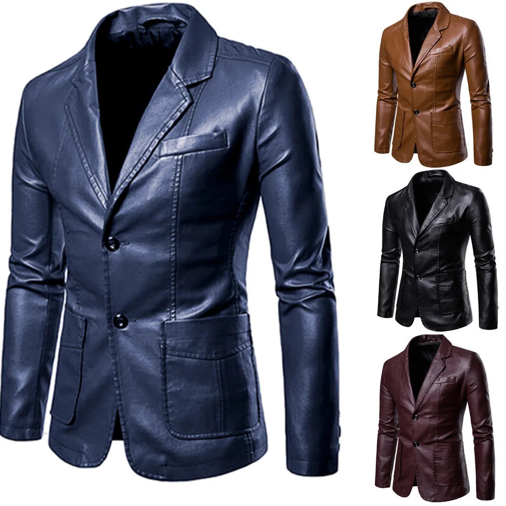 Blazer Man Spring Autumn Fashion Men's Leather Dress Suit Coat Male Business Casual Pu Black Blazers Jacket 240117
