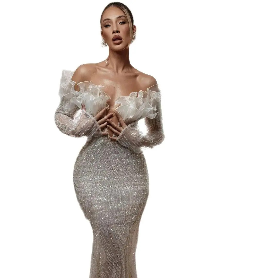 Gorgeous Lace Mermaid Lace Wedding Dresses Elegant Sheer V Neck Pleat Wedding Gown Sweep Train Bridal Vestidos