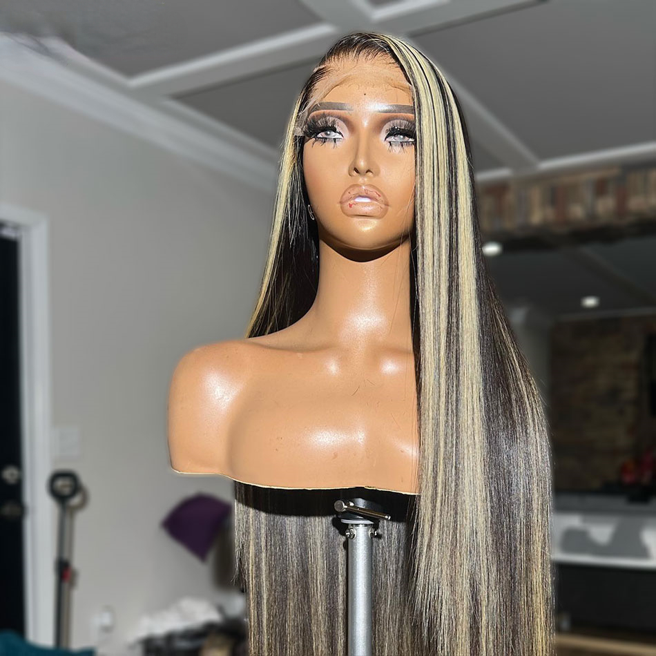 Free shipping Peruvian Highlight Blonde with Black Glueless 13X4 Frontal Silation Human Hair 1B/27 Bone Straight 360 full Lace Front Wigs for Women 20
