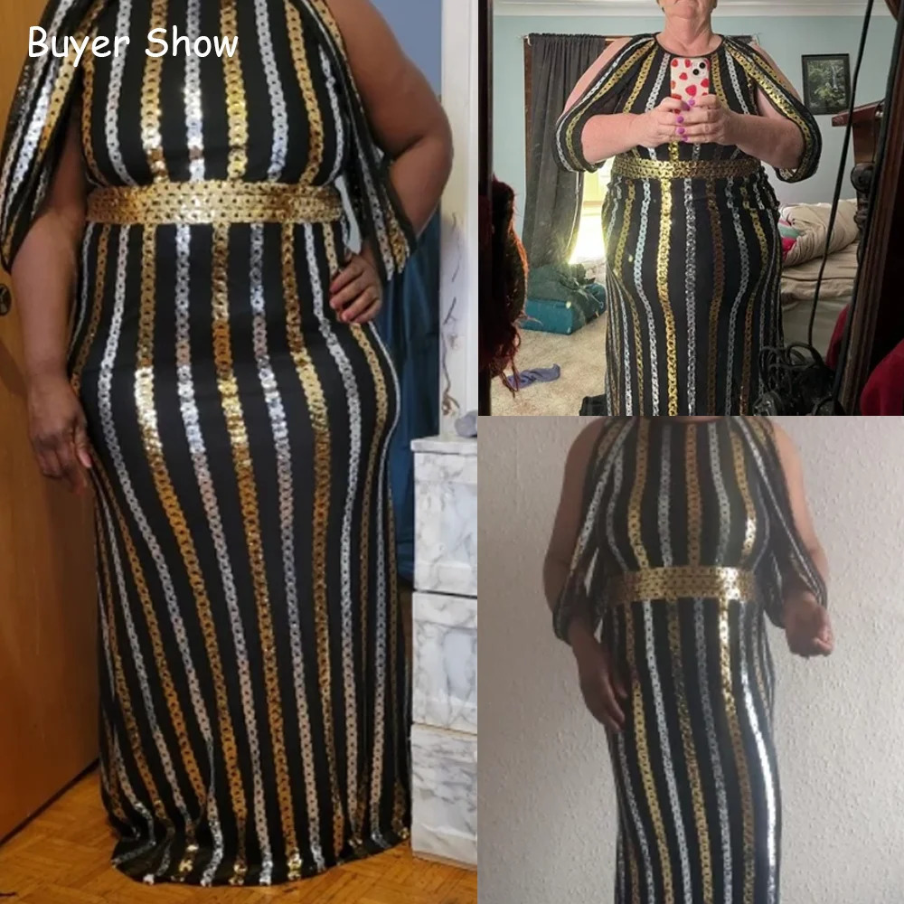 Large Size Evening Dresses Fashion Female Sequin Draped Sleeve Birthday Wedding Party Plus Women Long Elegant Dress 240116