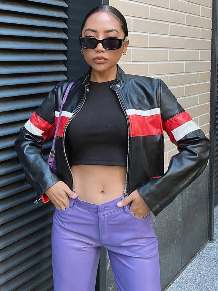 Patchwork Stitch Leather Bomber Jackets For Women 2023 In Outerwears Zip Up Long Sleeve Street Racing Coats Cropped 240116