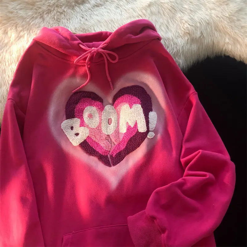 Love hooded sweater Y2K autumn Korean version of loose long-sleeved shirt female student flocking love letter jacket trend 240117