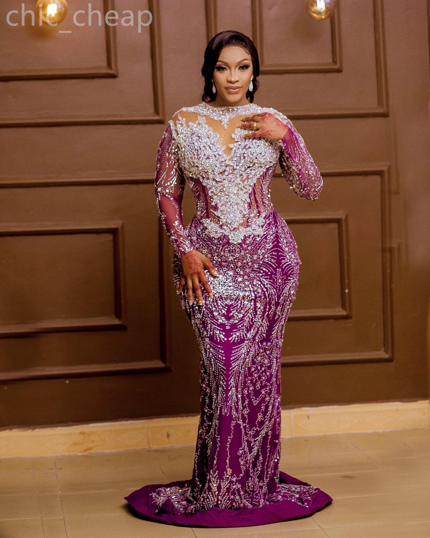 Ebi 2024 Aso Purple Mermaid Prom Dress Beaded Crystals Sequined Evening Formal Party Second Reception Birthday Engagement Gowns Dresses Robe De Soiree