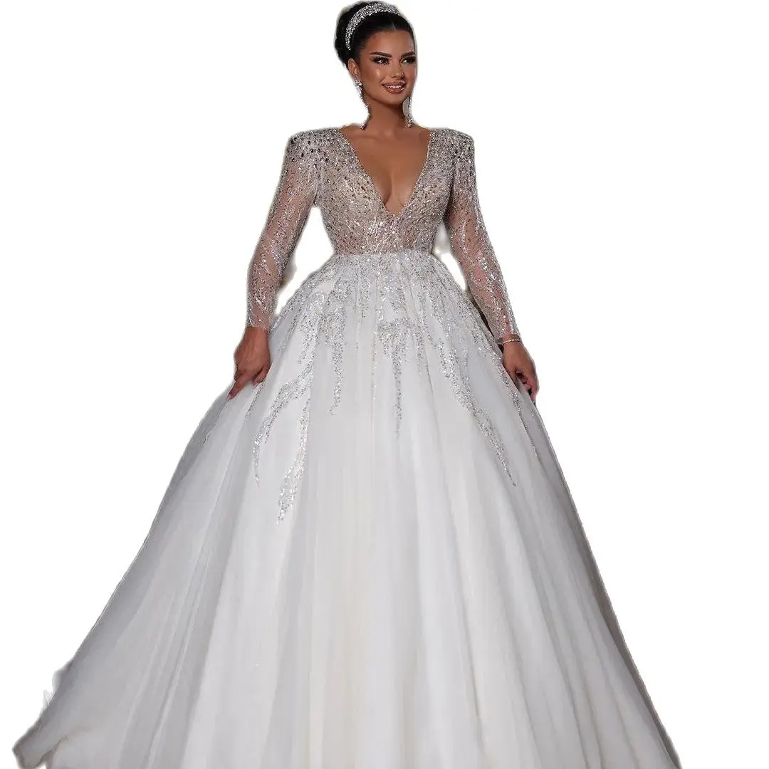 Simple V Neck A Line Wedding Dresses Elegant Sequined Lace Long Sleeve Bridal Gown Illusion Floor Length vestidos de novia