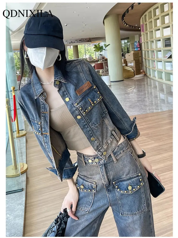 Women's Suit Long Sleeve Korean Short Denim Top Fashion Trouser Matching Sets Plus Size Outfit Two Piece Set for Women 240117