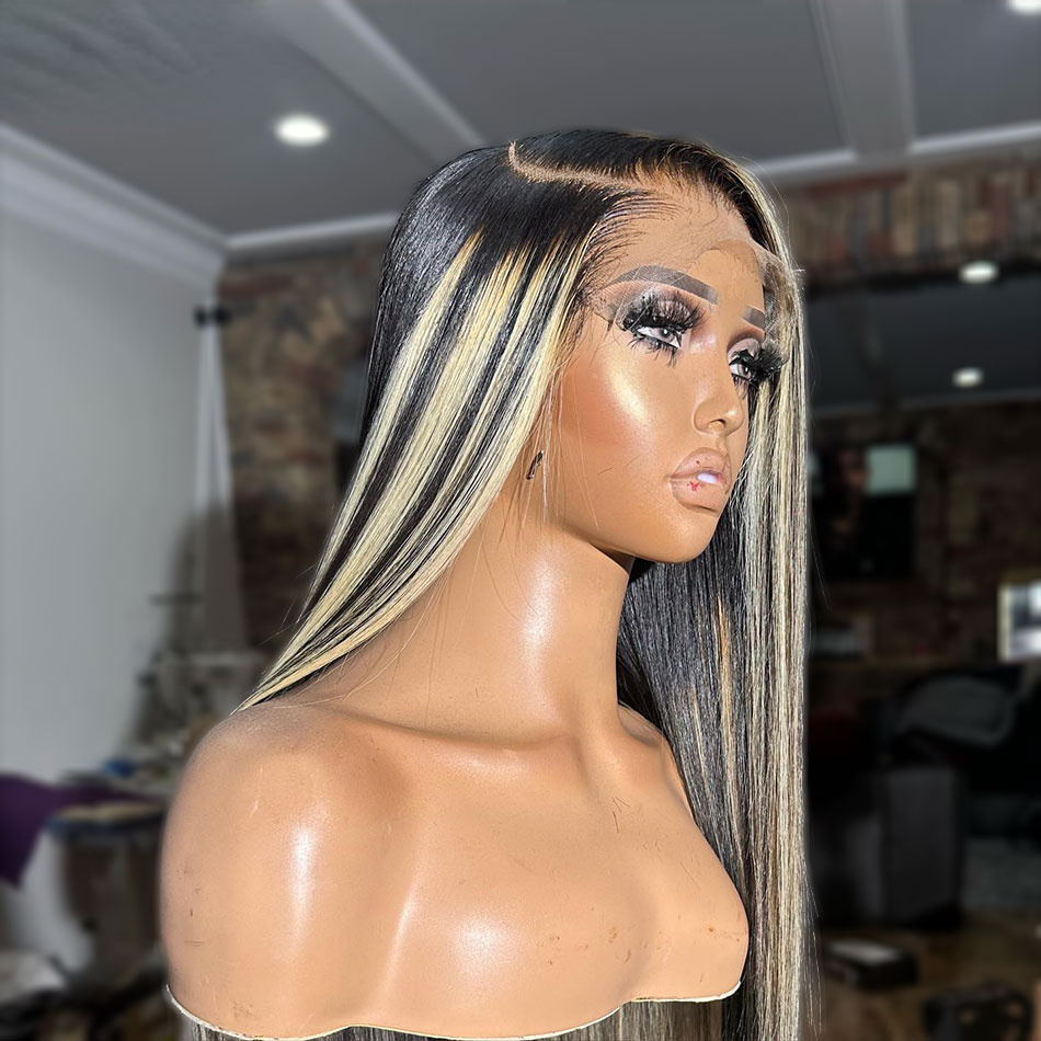 Free shipping Peruvian Highlight Blonde with Black Glueless 13X4 Frontal Silation Human Hair 1B/27 Bone Straight 360 full Lace Front Wigs for Women 20