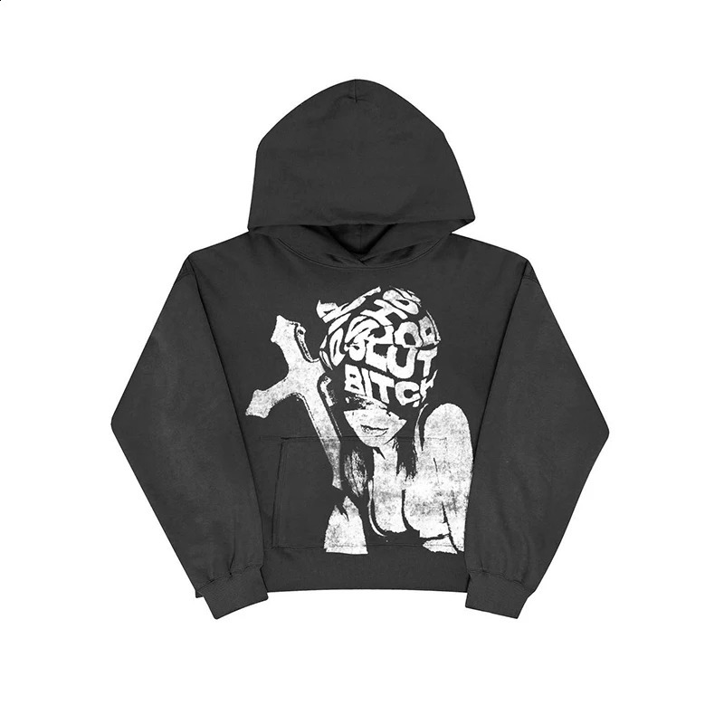 Unisex Harajuku Graphic Print Rock Gothic Y2K Hooded Sweatshirt Fashion Casual Oversize Punk Hoodie Top Retro Hip Hop Pullover 240117