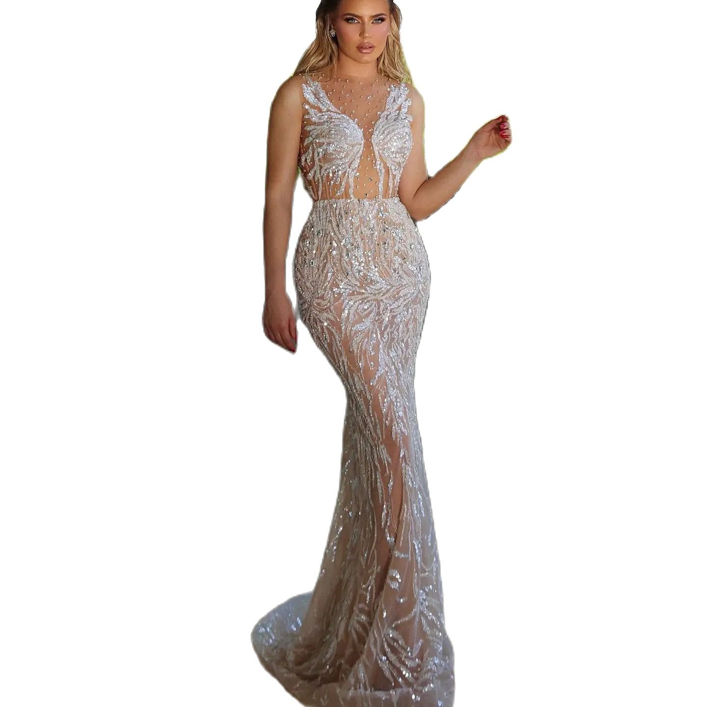 Princess Mermaid Wedding Dresses Sheer O Neck Luxury Beading Bridal Gowns Sequins Appliques Custom Made Bride Dress