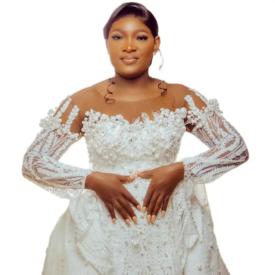 Elegant Pearls Arabic Mermaid Wedding Dresses Detachable Train Beading Bridal Dresses Long Sleeve Plus Size Wedding Gowns