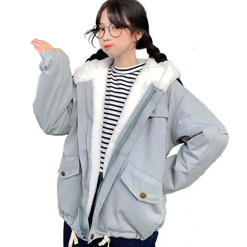 Work coat girls autumn and winter clothing Korean version student plus velvet thickened lamb wool short cotton coat 240117