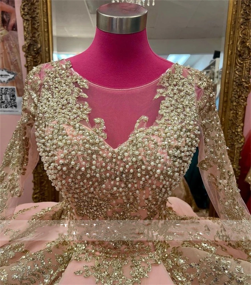 Pink Sheer O Neck Ball Gown Quinceanera Dress For Girl Beaded Birthday Party Gowns With Full Sleeve Sequined Vestido De 15 Anos 0431