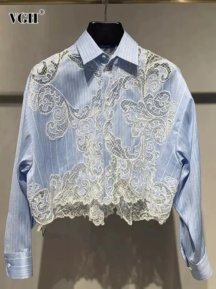 VGH Striped Patchwork Lace Elegant Shirt For Women Lapel Long Sleeve Spliced Irregular Hem Temperament Blouse Female Fashion 240116
