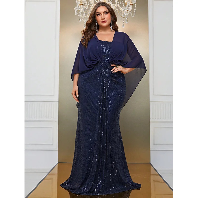 Plus Size Chiffon Shawl Elegant Sparkling Evening Dress 5XL 6XL Big Long Banquet Party Cape Sequin for Women 240116