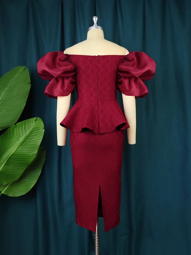 Plus Size 4XL Lace Dresse Burgundy Short Sleeve Off Shoulder Elegant Robes Peplum Midi Outfits Fall Evening Party 2023 240116