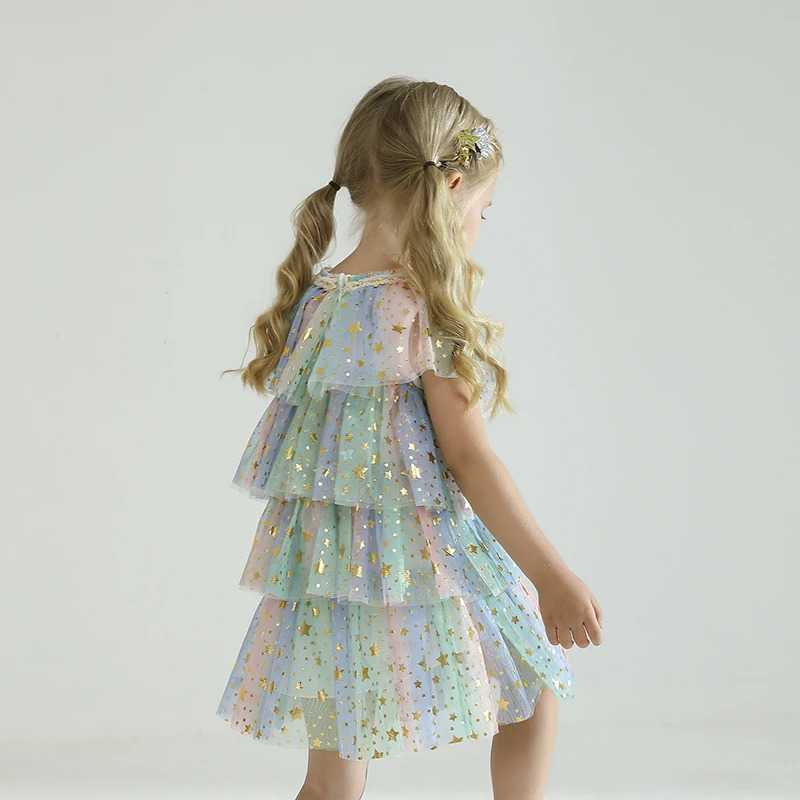 Summer Kids Girls Rainbow Dress Little Girl Princess Star Sequin Layer Party Dresses Tulle 3-8T Girl Casual Daily Wear Vestidos 240116
