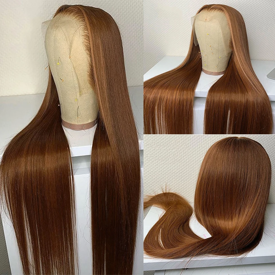 Free shipping Glueless Peruvian Soft Chocolate Brown Straight HD Front Silation Human Hair for Women Pre Plucked 360 Full Lace Frontal Wigs