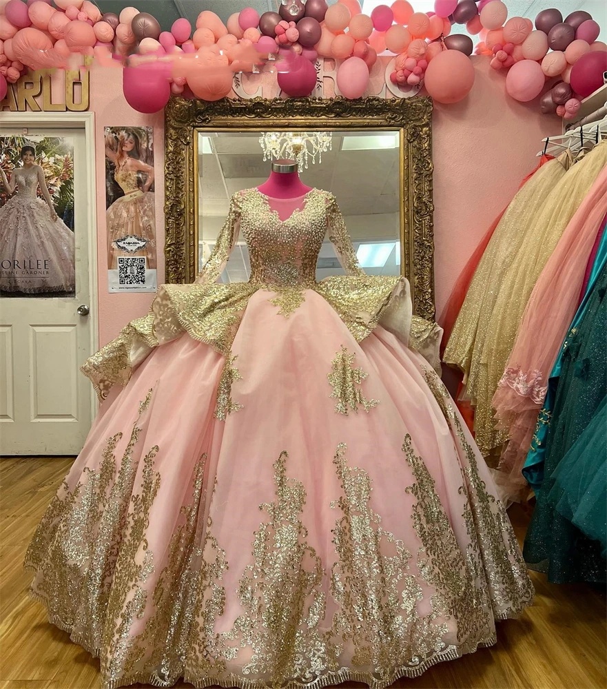 Sheer Neck Pink O Ball Gown Quinceanera Dress for Girl Beaded Birthday Party Gowns with Full Sleeve Sequined Vestido De 15 Anos s