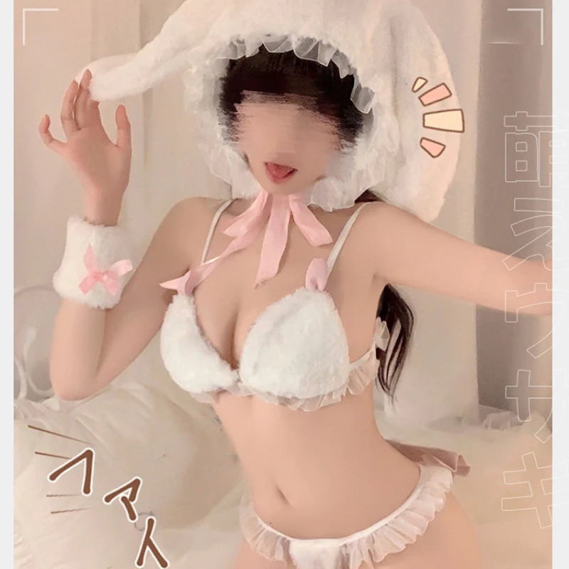Anime Rabbit Girl Cosplay Costume Sexy Lingerie Plush Three Point Bunny Ear Tail Set Uniform Temptation Kawaii Sweet Cute Pajama 240117