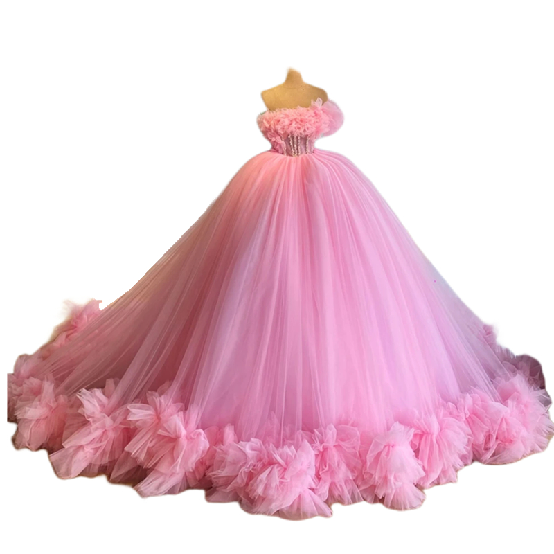 Pink One Baby Tulle Shoulder Quinceanera Dresses Ruffle Ball Princess Prom Dress Corset Long Special Ocn Sweet Birthday Party Gown
