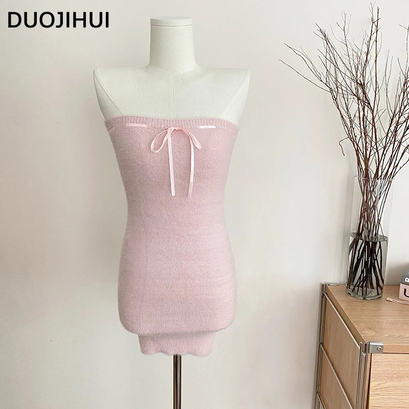 DUOJIHUI Two Piece Pink Sweet Women's Dresses Korean Style Knitting Soft Chic Bow Canshoulder Blast Pure Color Female Mini Dress 240117
