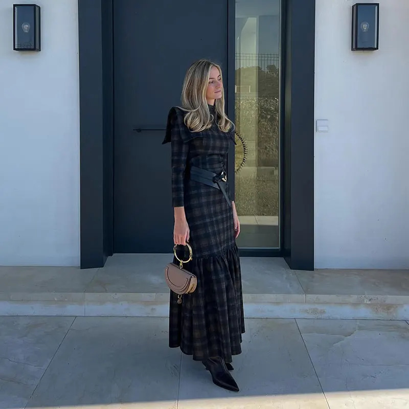 Elegant Contrasting Checkered Pattern Long Dress Women Fashion O Neck Long Sleeve Pleated Dresses Spring Autumn Lady Streetwear 240117
