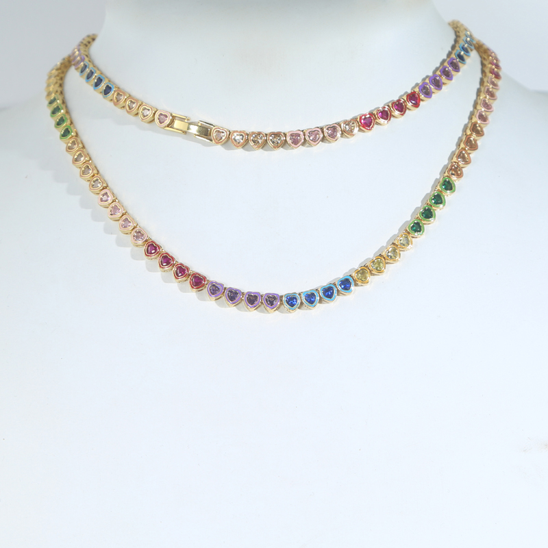 Iced Out Rainbow Heart Zircon Choker Necklace | Gold Plated Cubic Zirconia Fashion Jewelry for Women Men