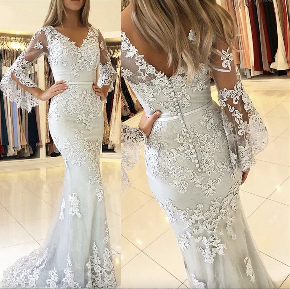2024 Silver Long Juliet Sleeves Mermaid Wedding Dresses Ribbon Lace Applique Covered Button Sweep Train Formal Bridal Gowns Wear Custom Made Dress