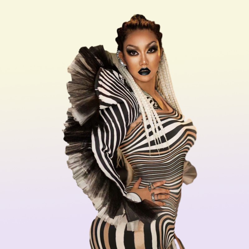 Fashion Zebra Pattern Jumpsuit Women Singer Sexy Stage Outfit Bar DS Dance Cosplay Bodysuit Performance Show Costume 2203225206096