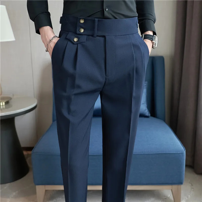 High Waist Men Suit Pants British Style Casual Dress Slim Fit Trousers Formal Office Wedding Party Pantalon Homme 240117
