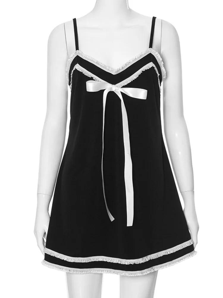 Absobe Patchwork Contrast Lace Up Bow Silp Mini Dress Women V-Neck Open Back tie Y2K Balletcore Slim A-line Short Dress 240117