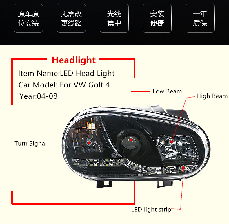 Car Turn Signal Head Lamp for VW Golf 4 LED Daytime Running Headlight 2004-2008 MK4 High Beam Light Lens
