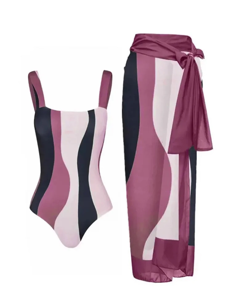Vintage Slim Asymmetric Striped Bikini Sets Swimsuit with Contrast Cover Up 2 Pack Swimwear Beach Bathing Suit 240116
