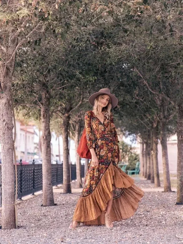 Autumn Floor Length Dress Women's Long Sleeve Printing Dress Floral Vintage Irregular Maxi Dress Mujer Chic Boho 240116