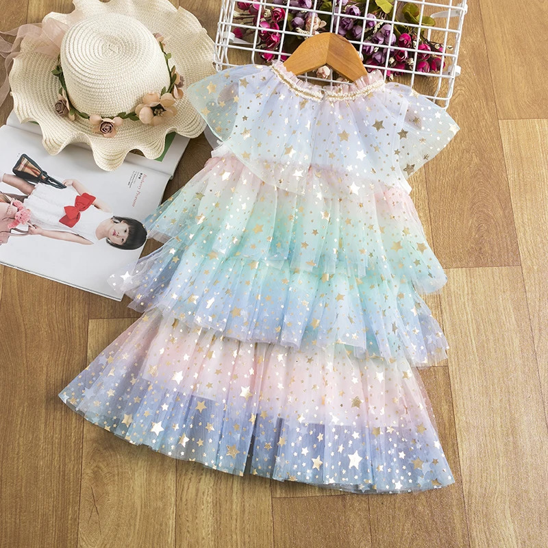 Summer Kids Girls Rainbow Dress Little Girl Princess Star Sequin Layer Party Dresses Tulle 3-8T Girl Casual Daily Wear Vestidos 240116