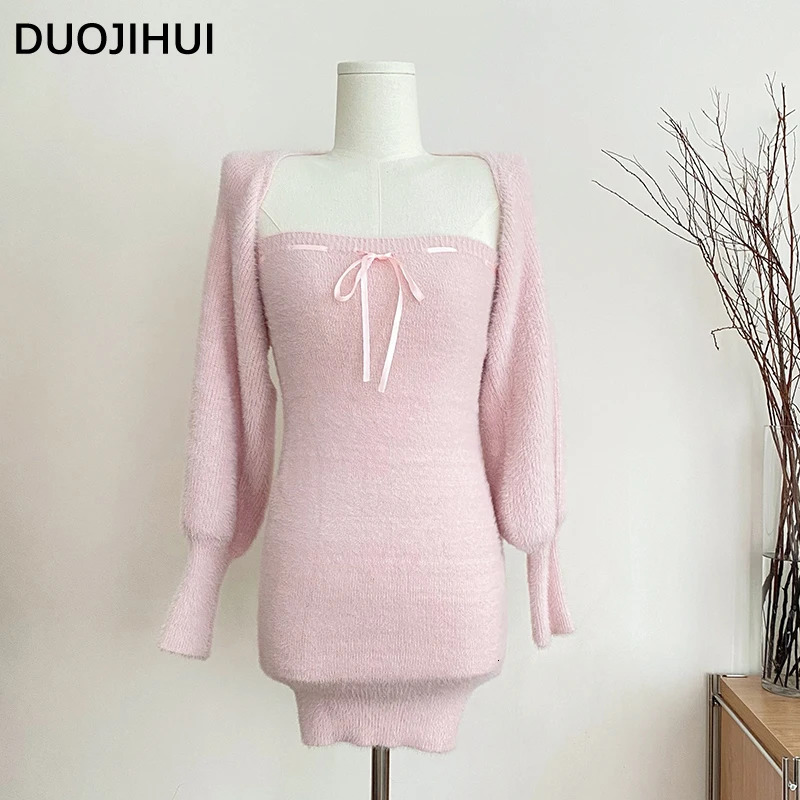 DUOJIHUI Two Piece Pink Sweet Women's Dresses Korean Style Knitting Soft Chic Bow Canshoulder Blast Pure Color Female Mini Dress 240117