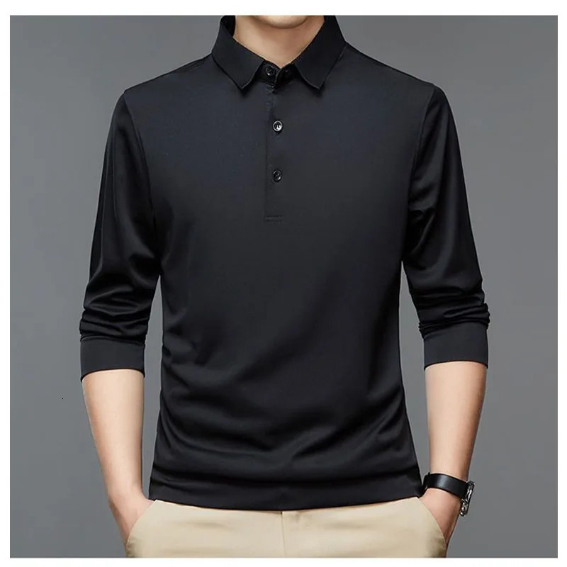 Streetwear Fashion Men Solid Polo Shirts Spring Autumn T-Shirt Korean Long Sleeve Lapel Thin Male Clothes Business Tops 240117