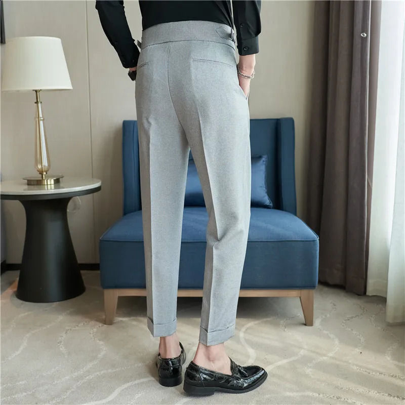High Waist Men Suit Pants British Style Casual Dress Slim Fit Trousers Formal Office Wedding Party Pantalon Homme 240117