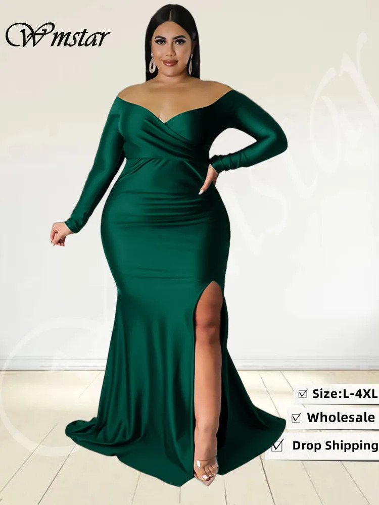 Wmstar Plus Size Party Dresses for Women Off Shoulder V Neck Slip Hem Elegant Birthday Outfit Maxi Dress Wholesale Drop 240116