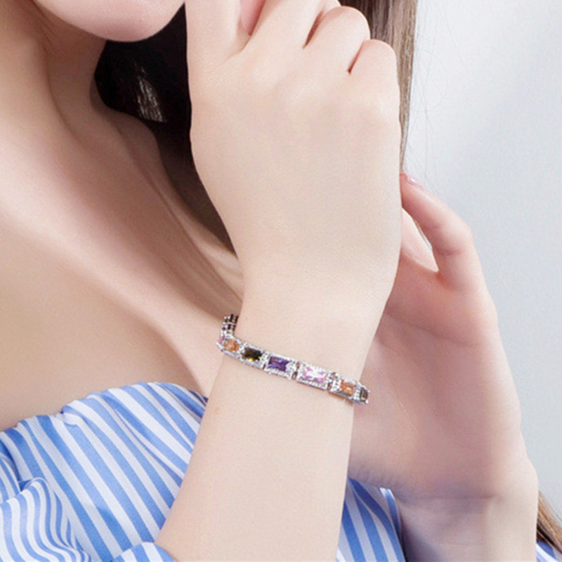 colorful diamond tennis bracelet designer woman round square iced out chain AAA zirconia copper cstal silver bracelets valentines day gift womens luxu
