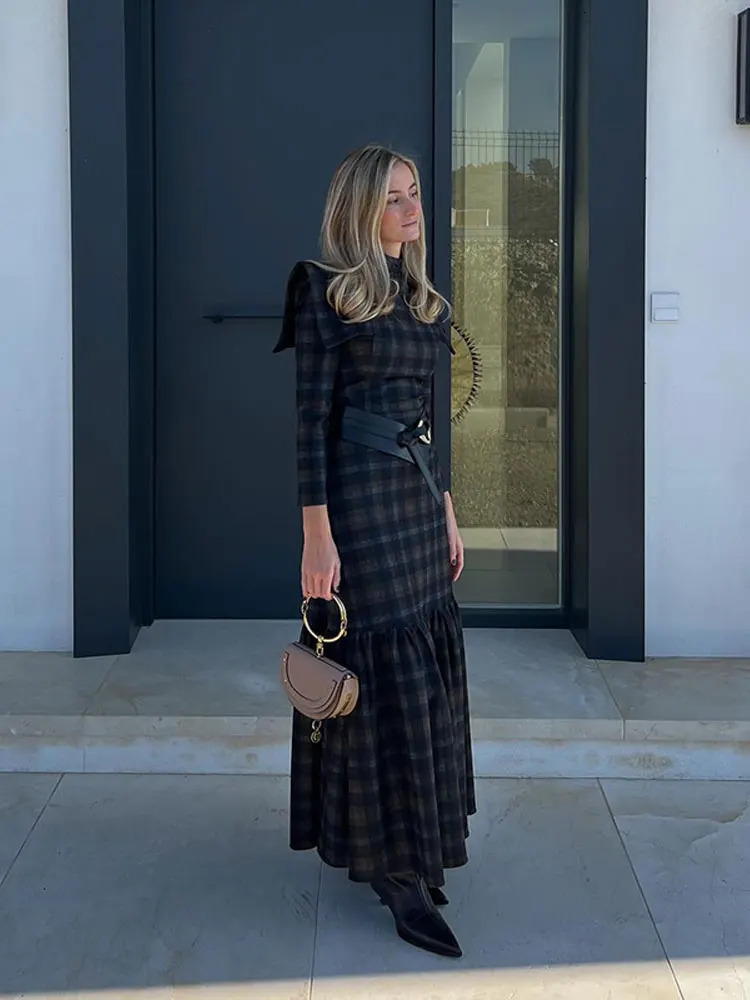 Elegant Contrasting Checkered Pattern Long Dress Women Fashion O Neck Long Sleeve Pleated Dresses Spring Autumn Lady Streetwear 240117