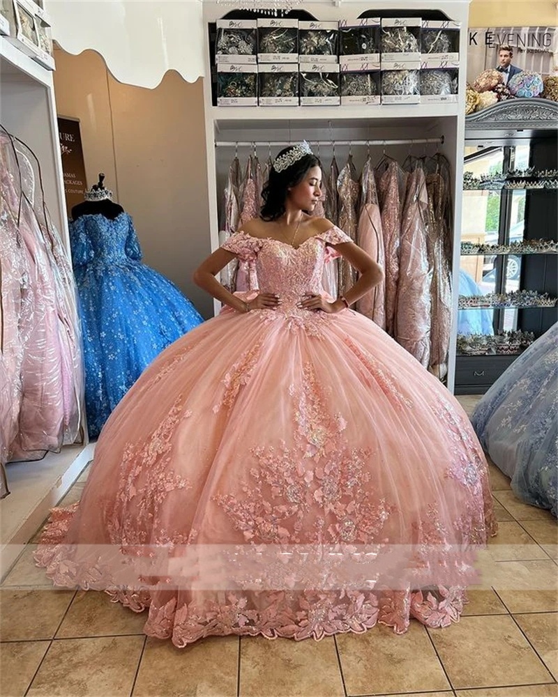 the Off Princess Pink Shoulder Ball Gown Quinceanera Dresses Beaded Celebrity Party Gowns Appliques Graduation Bow Vestido De 15 s