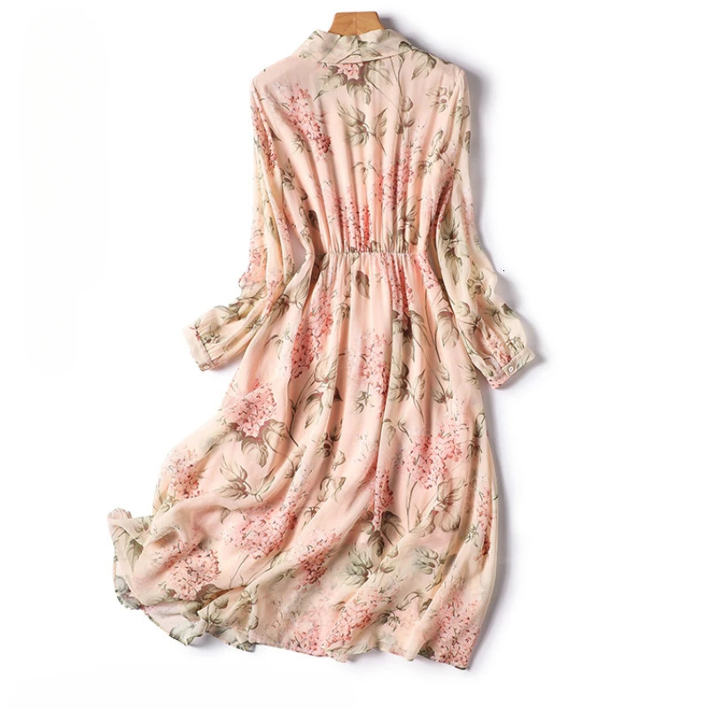 Silk Print Dresses Women Satin Long Sleeves Loose Summer Casual Bow Empire Dress Ladies V-neck Clothing YCMYUNYAN 240117