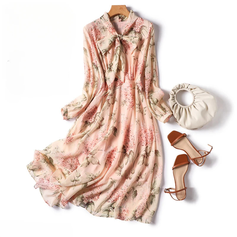 Silk Print Dresses Women Satin Long Sleeves Loose Summer Casual Bow Empire Dress Ladies V-neck Clothing YCMYUNYAN 240117