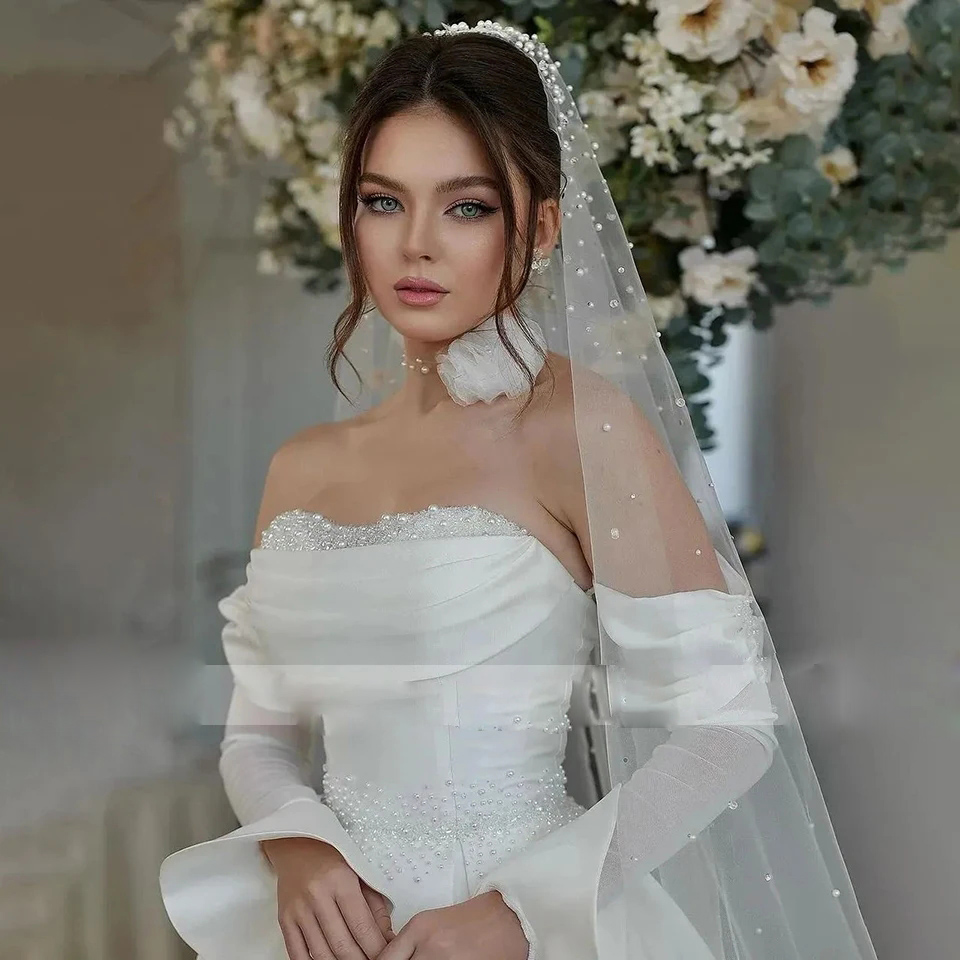 Pearls Beading Bridal Dresses Strapless With Long Sleeve Princess Wedding Gown Court Train Vestido De Novia 0514