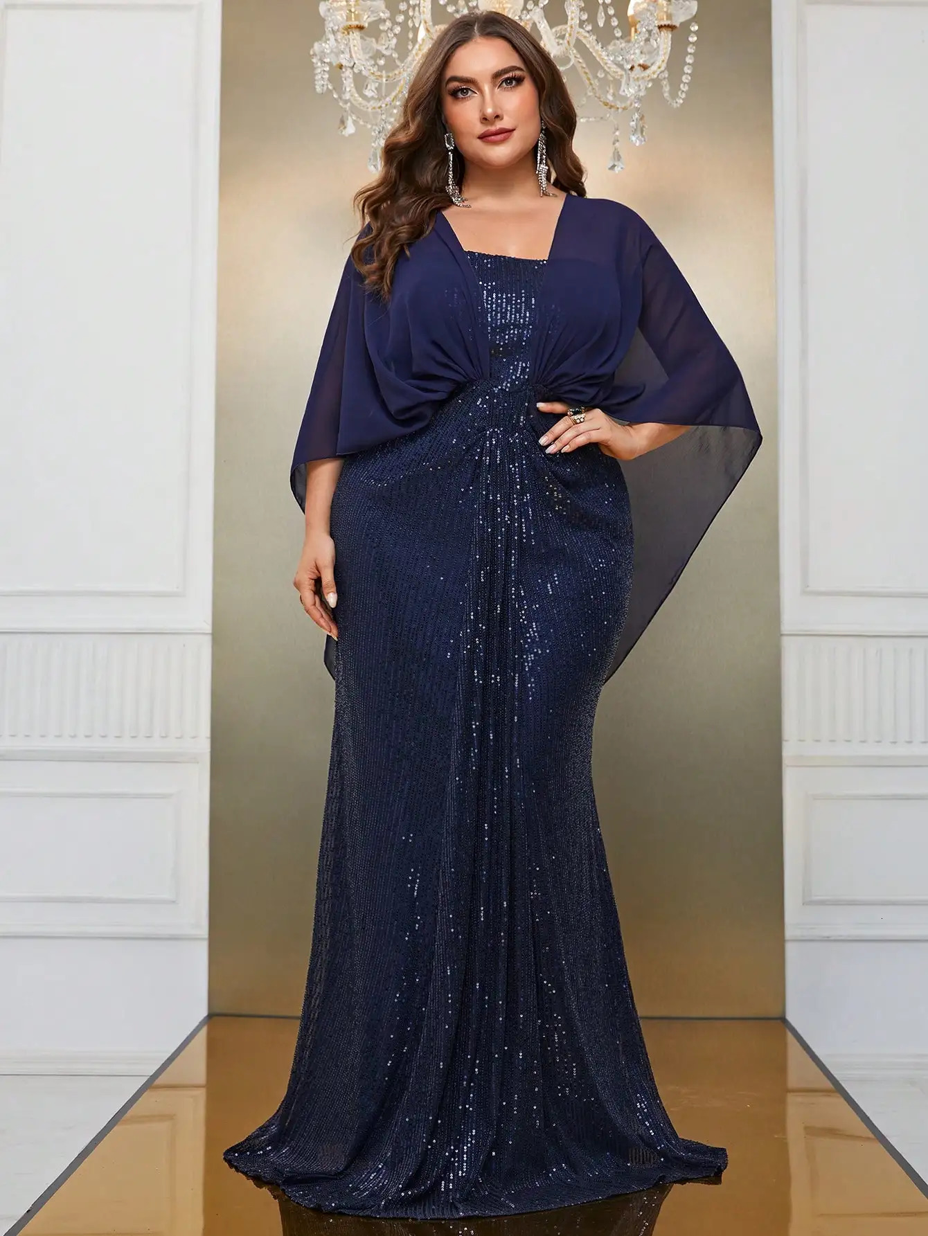 Plus Size Chiffon Shawl Elegant Sparkling Evening Dress 5XL 6XL Big Long Banquet Party Cape Sequin for Women 240116