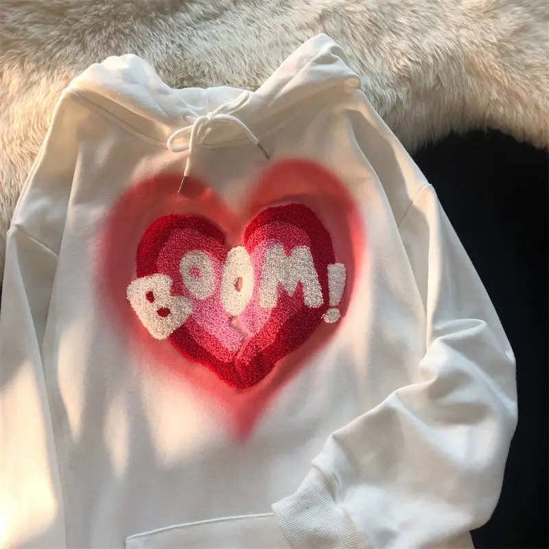 Love hooded sweater Y2K autumn Korean version of loose long-sleeved shirt female student flocking love letter jacket trend 240117