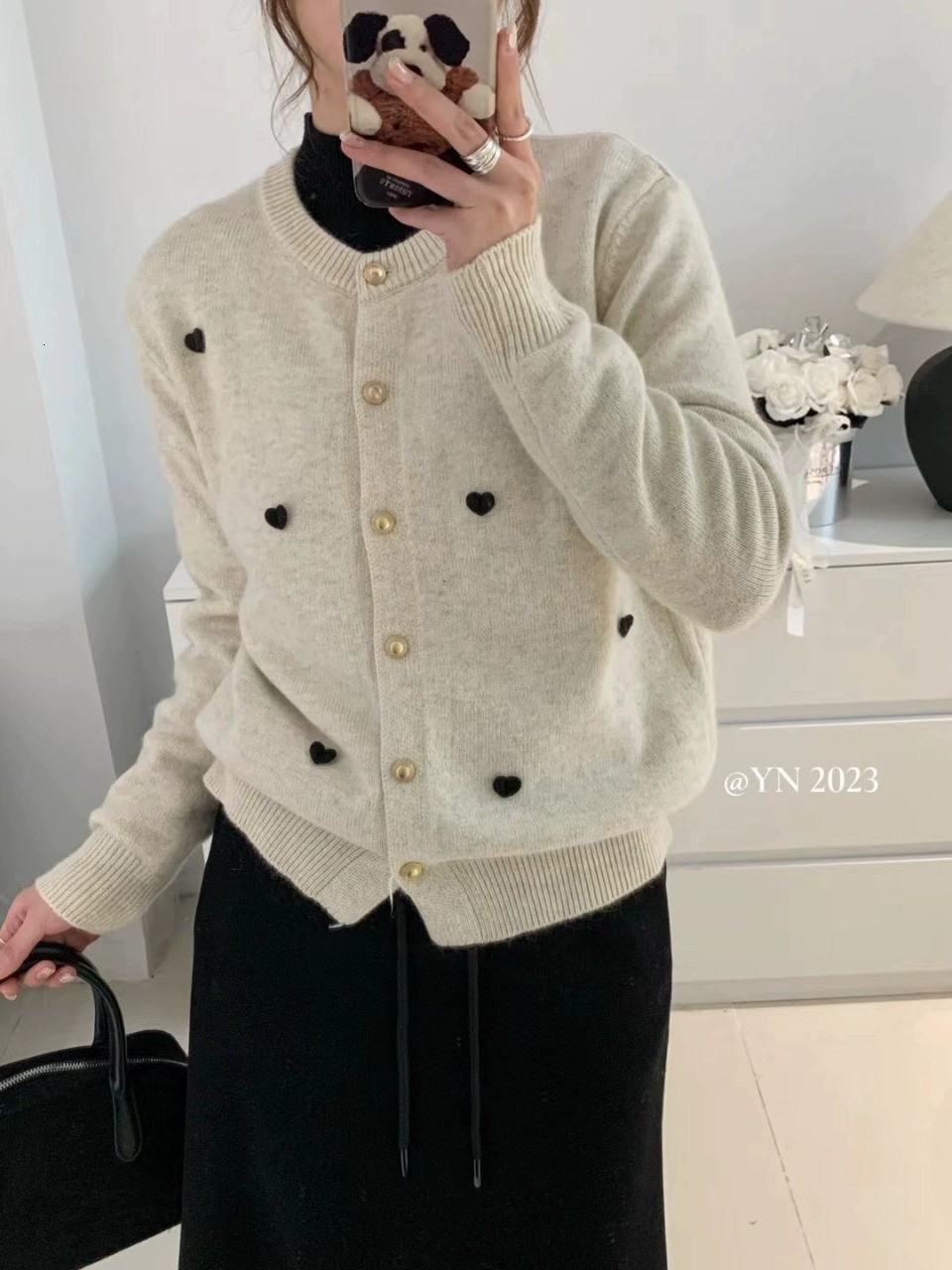 T6662 Versatile Loose Single breasted Three Dimensional Love Round Neck Soft Glutinous Sweater Cardigan Length 60 230311