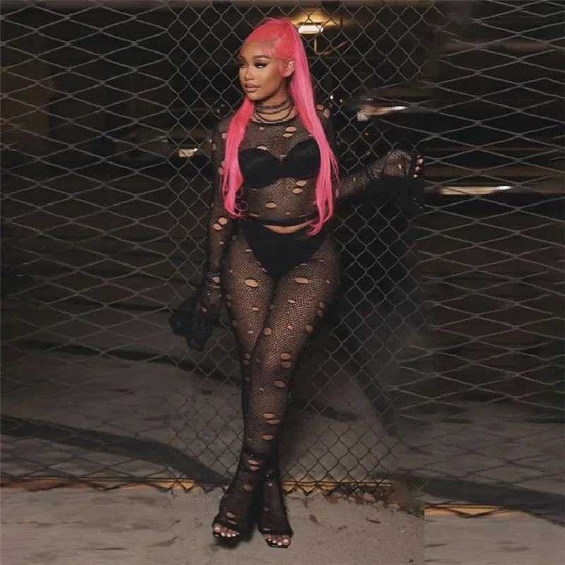 Women Sexy Club Hole Hollow Sheer Slim 2 Piece Set Full Sleeve Crop Top High Waist Pants Spicy Girl Outfits Hipster Streetwear 240117