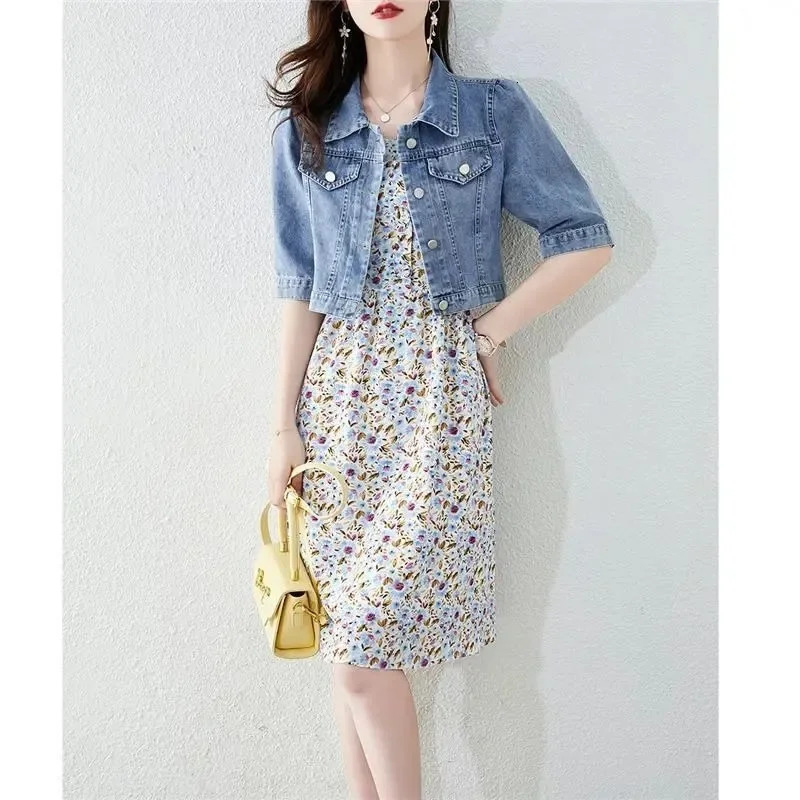 2023 Autumn Jacket Women Basic Solid Vintage Crops Trendy Turn Down Collar Half Sleeve Denim Fit Harajuku Street Female Outwear 240116