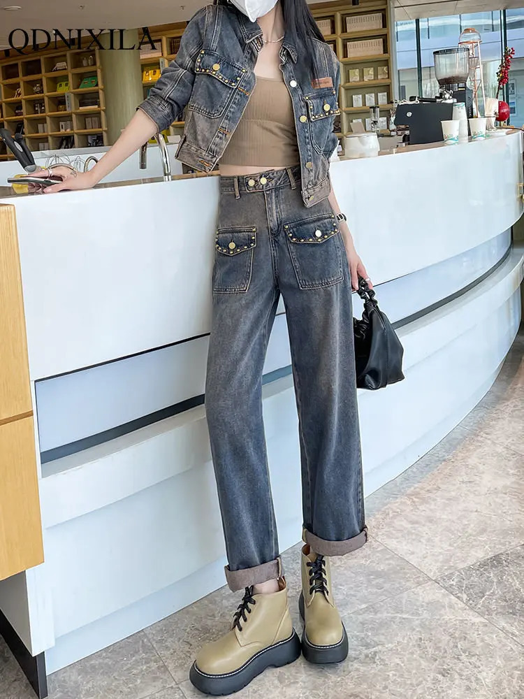 Women's Suit Long Sleeve Korean Short Denim Top Fashion Trouser Matching Sets Plus Size Outfit Two Piece Set for Women 240117